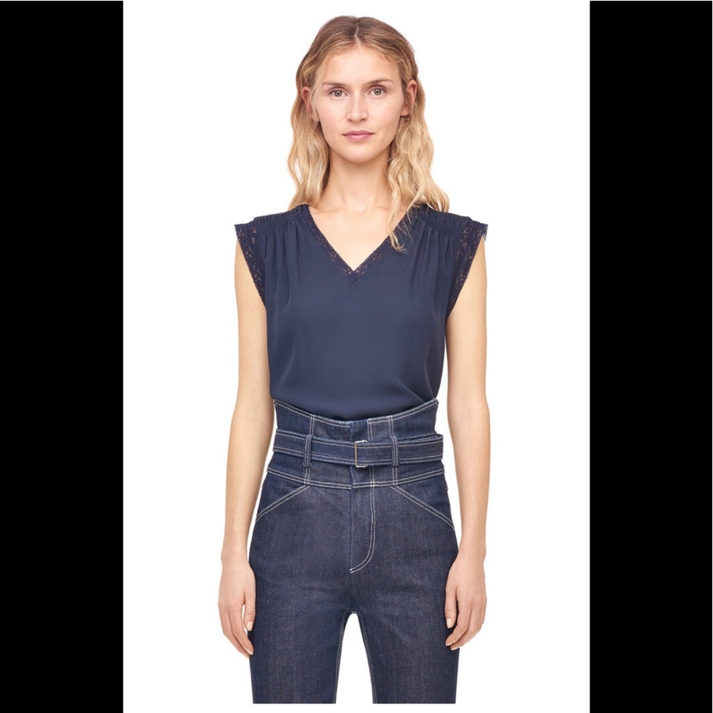 Rebecca Taylor Navy Silk + Lace Trim Top Sz0⚡️